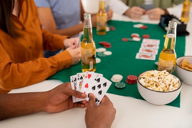 Dealer kasino langsung sedang membagikan kartu dalam permainan yang interaktif dan menarik